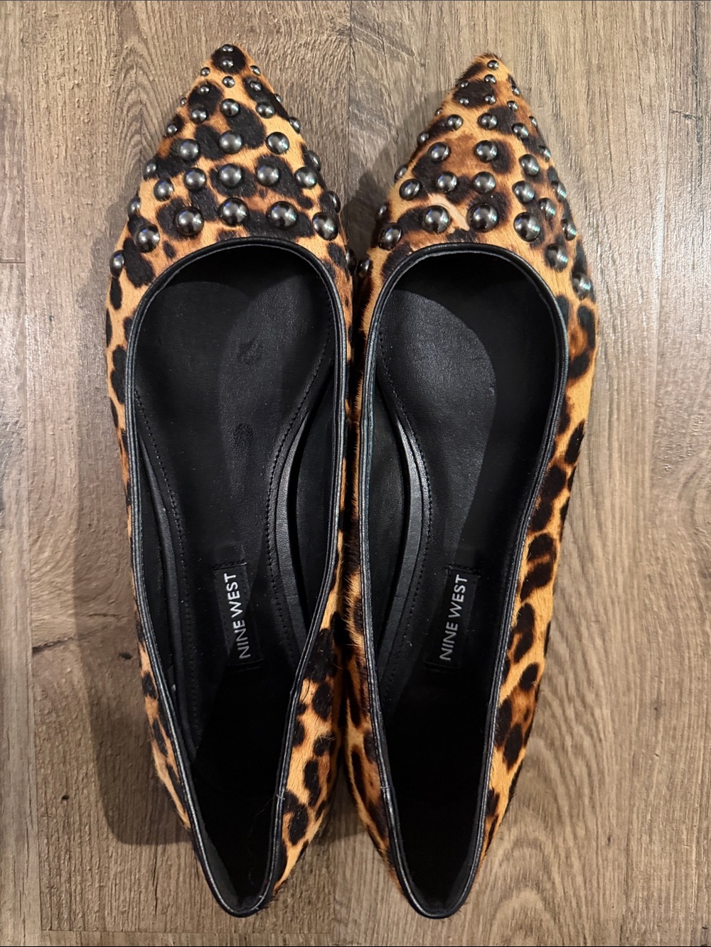 Nine West Leopard Print Pointed Toe Studded Flats - Brown/Black